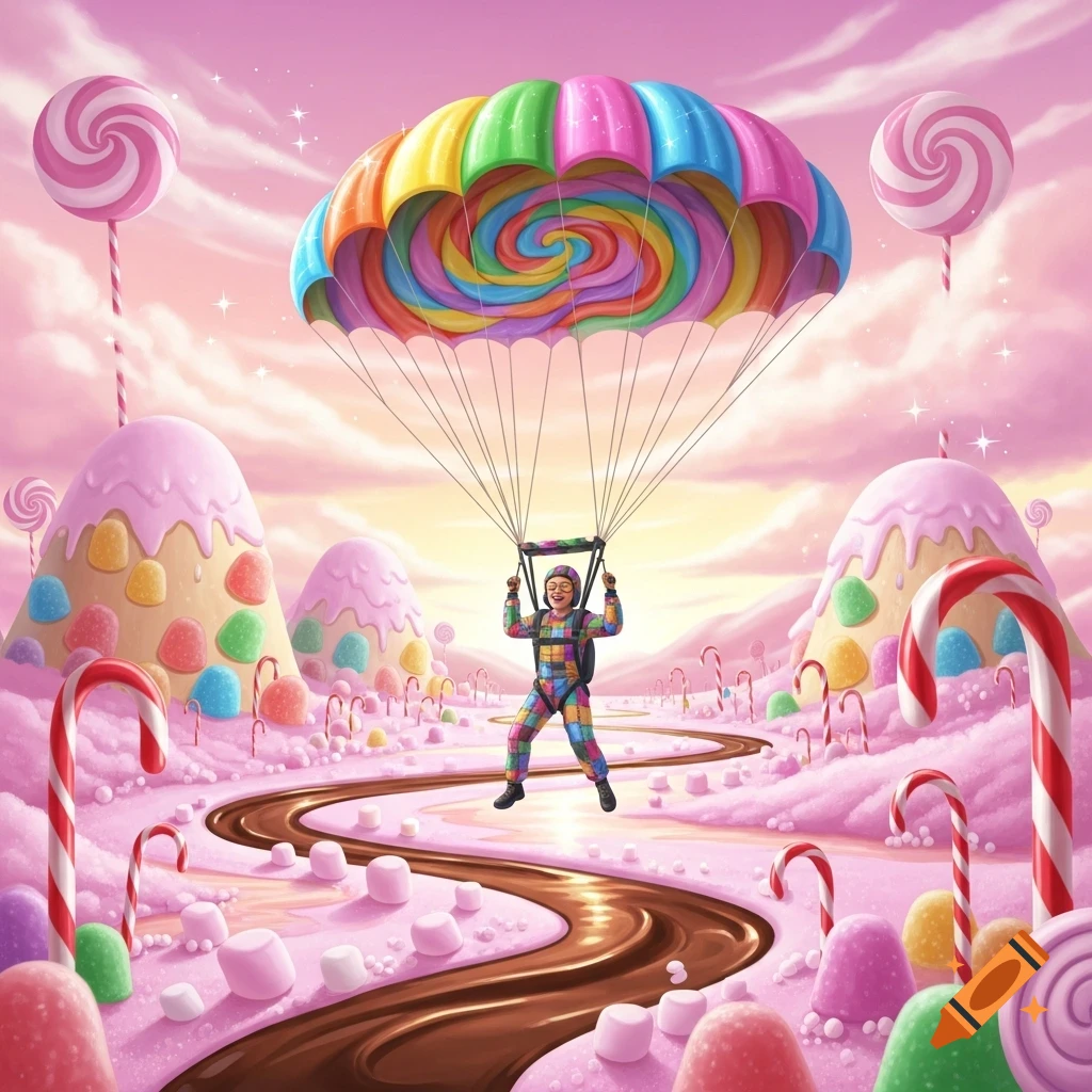 A person in a colorful suit parachutes with a rainbow lollipop parachute over a whimsical candyland with pink mountains and chocolate rivers.