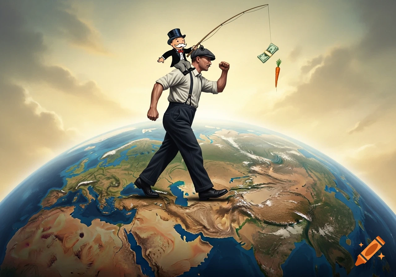 A 1920s worker walks across a globe with the Monopoly Man on his shoulders dangling money and a carrot from a fishing rod.