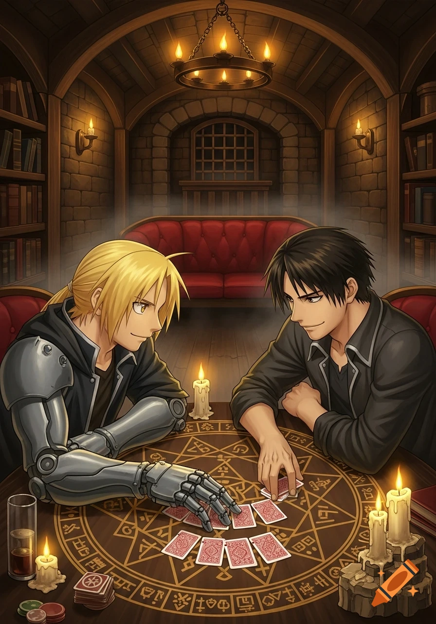 Two anime men, one with a metal arm, play cards by candlelight at an ornate table with alchemical symbols in a stone-walled room.