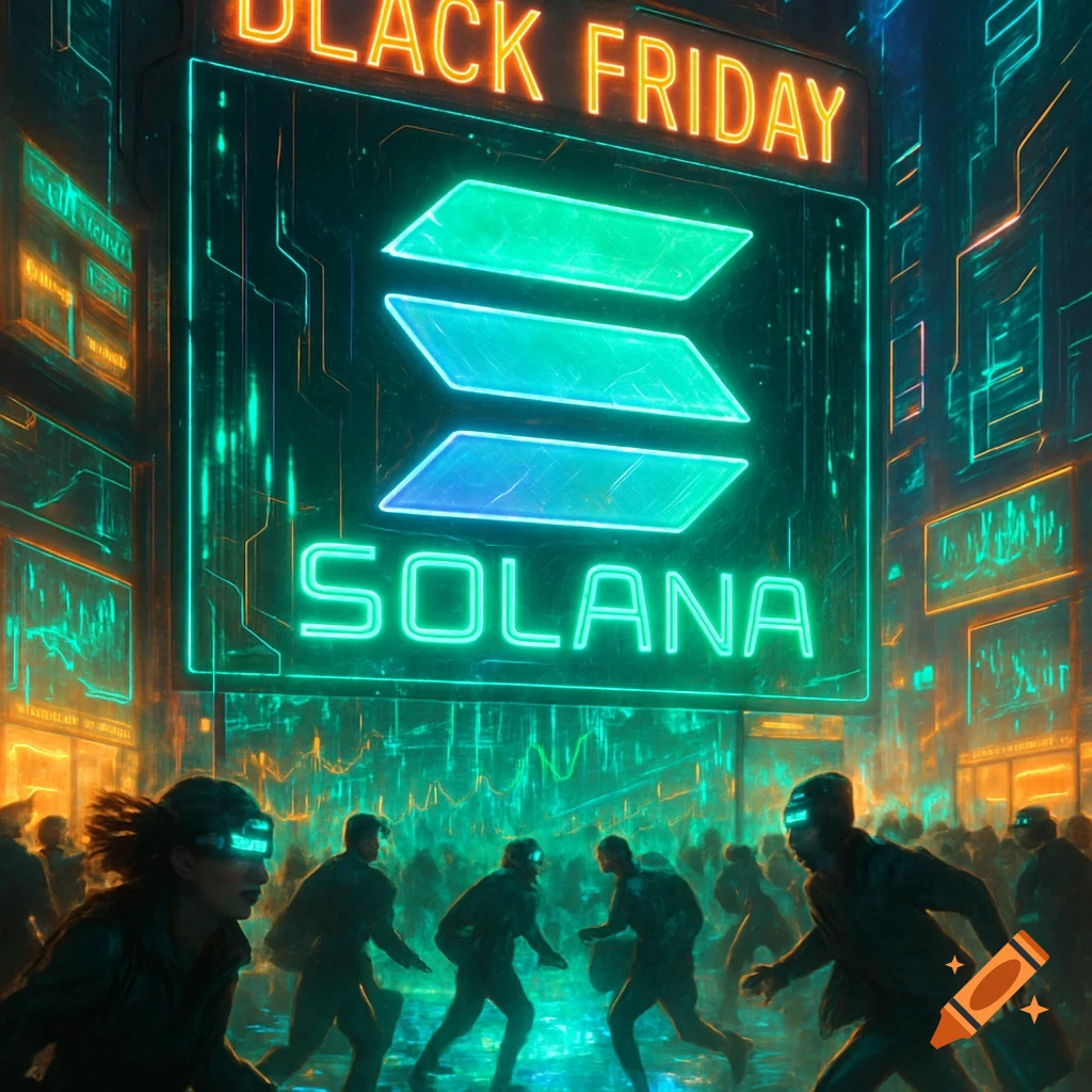 Cyberpunk cityscape with a crowd and large neon signs for "BLACK FRIDAY" and "SOLANA" with the Solana logo.