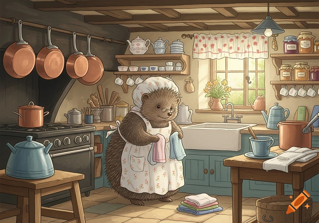 A friendly hedgehog in an apron and bonnet, reminiscent of Mrs. Tiggy-Winkle, holds towels in a charming, cozy kitchen with pots, shelves, and a sink, in an illustrative style.