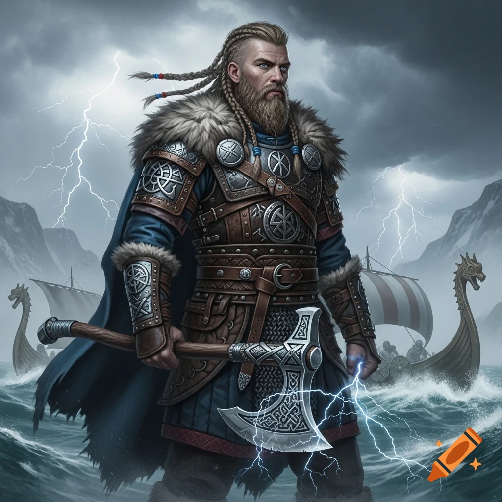 A powerful Viking warrior in detailed armor and braided beard, holding an axe charged with lightning, stands on a stormy sea with longships.