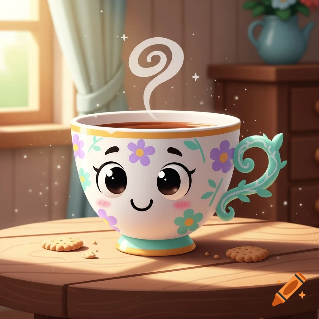 A cute, steaming cartoon teacup with a happy face and flower pattern sits on a wooden table with cookies.