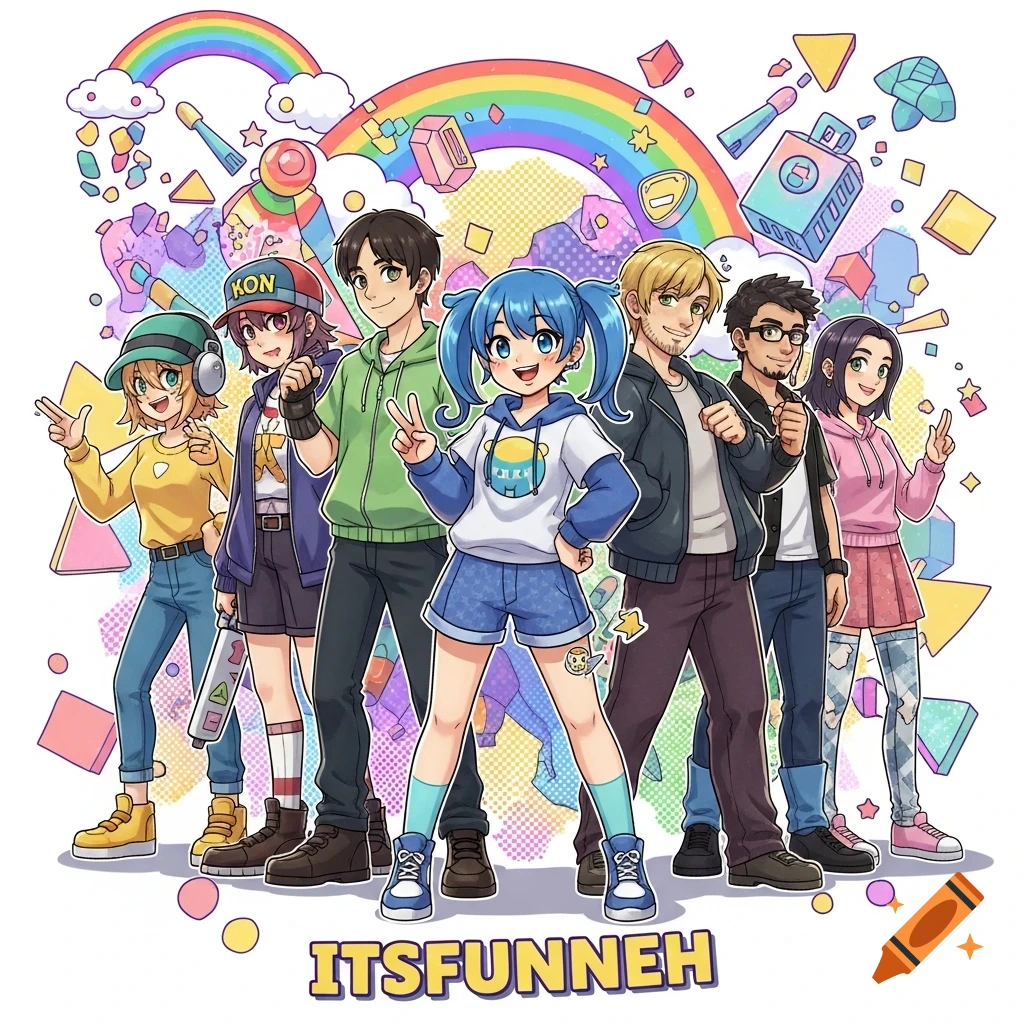 A colorful anime-style illustration of six diverse cartoon characters, including a blue-haired girl, standing in front of a rainbow and abstract shapes. The text "ITSFUNNEH" is at the bottom.