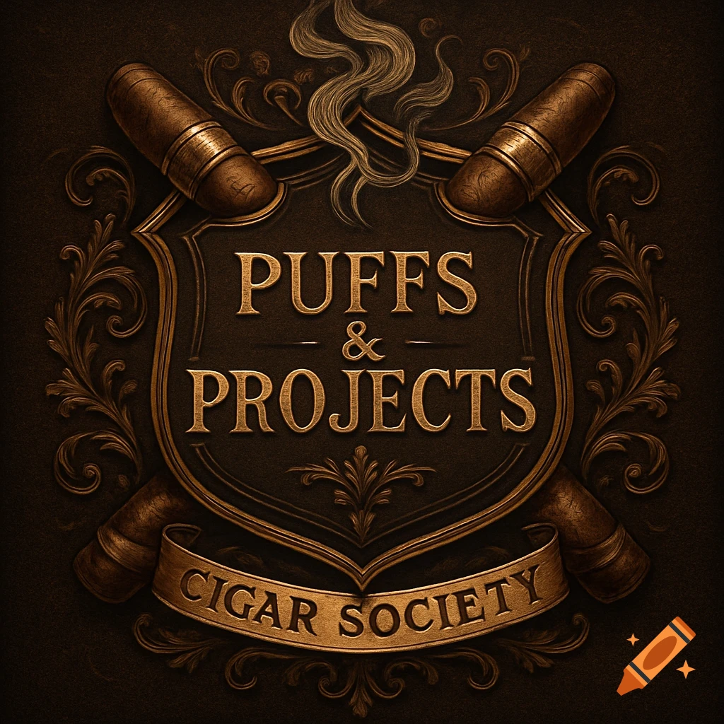 Vintage emblem for Puffs & Projects Cigar Society with crossed cigars, swirling smoke, and ornate gold filigree on a dark background.