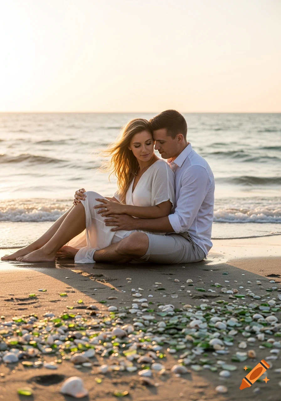 A photorealistic romantic couple embracing on a beach at sunset, with sea glass scattered on the sand.
