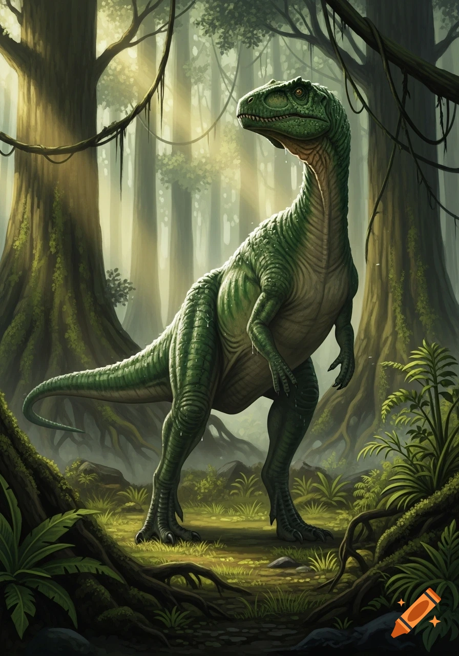 A large green dinosaur with textured skin stands in a lush, sun-dappled jungle with tall trees and dense foliage.