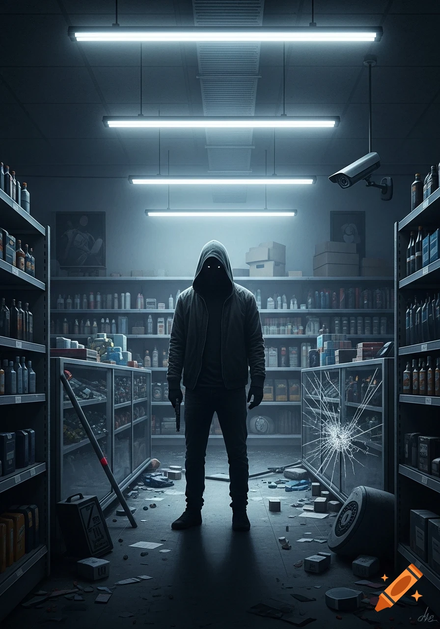 A hooded man holding a gun stands menacingly in a ransacked store aisle, surrounded by broken glass and debris, under bright fluorescent lights. A surveillance camera is visible on the ceiling.