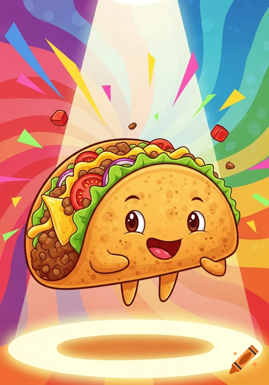 A cheerful cartoon taco character with a happy face, small hands and feet, stands on a spotlighted stage with colorful confetti.