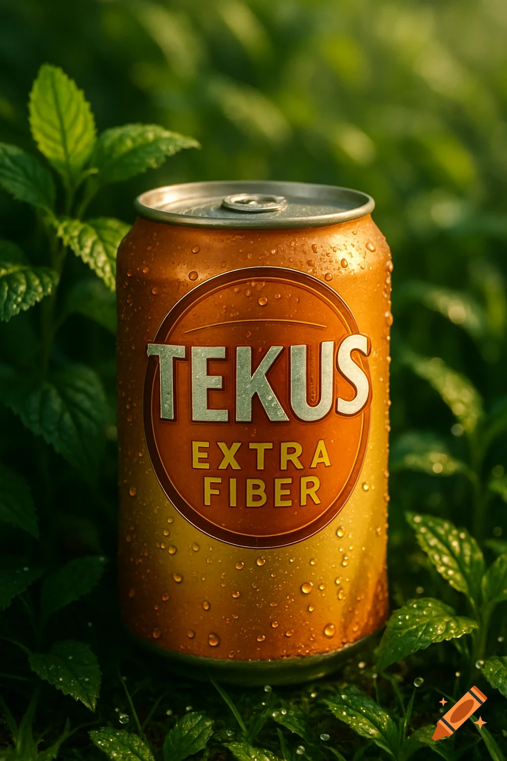 A photorealistic image of a dew-covered orange "TEKUS EXTRA FIBER" can nestled in lush green foliage.