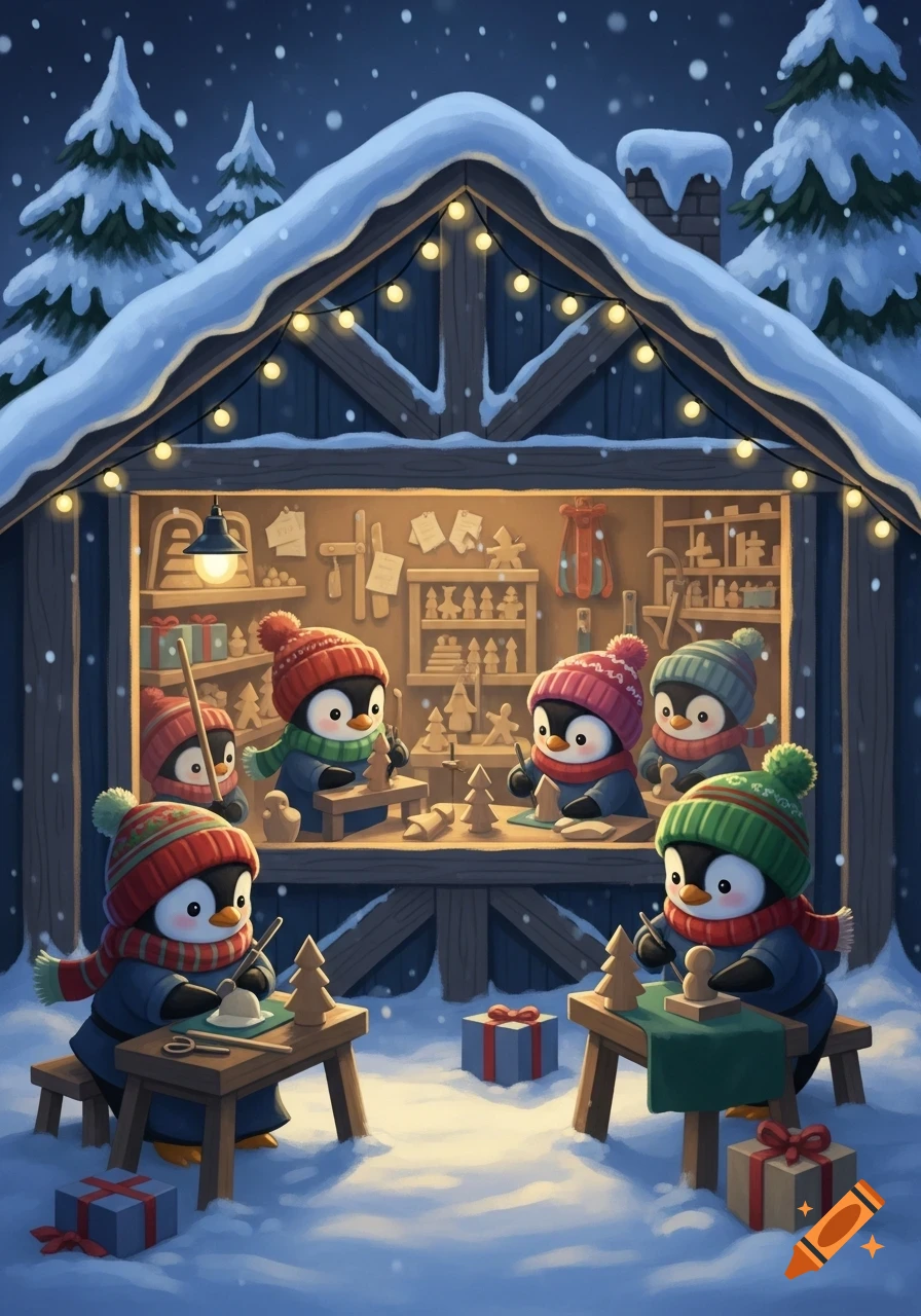 Cute cartoon penguins craft wooden Christmas trees outside a festive, snow-covered workshop at night.