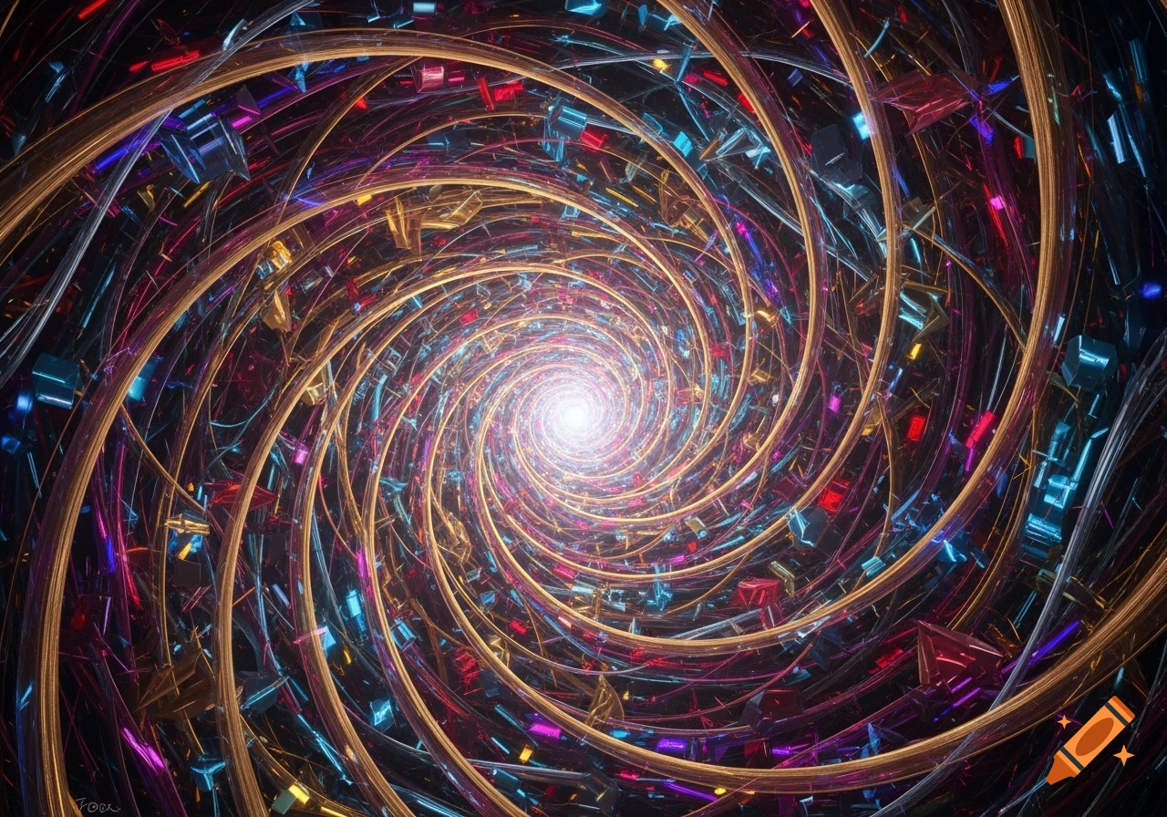 A vibrant abstract spiral tunnel made of glowing gold bands and numerous colorful, iridescent geometric shards, leading to a bright white light.