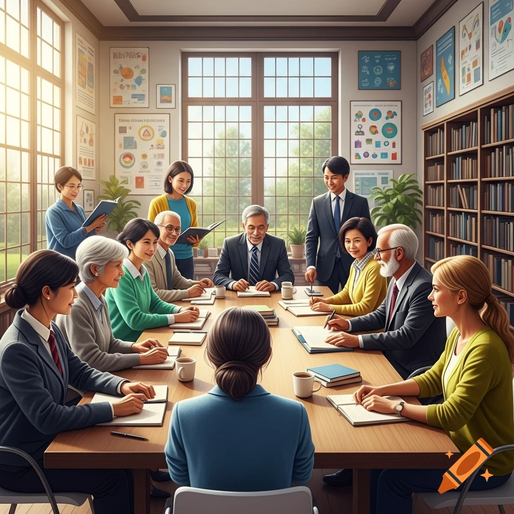 A diverse group of adults in a sunlit conference room, seated and standing around a large wooden table during a meeting. Photorealistic.