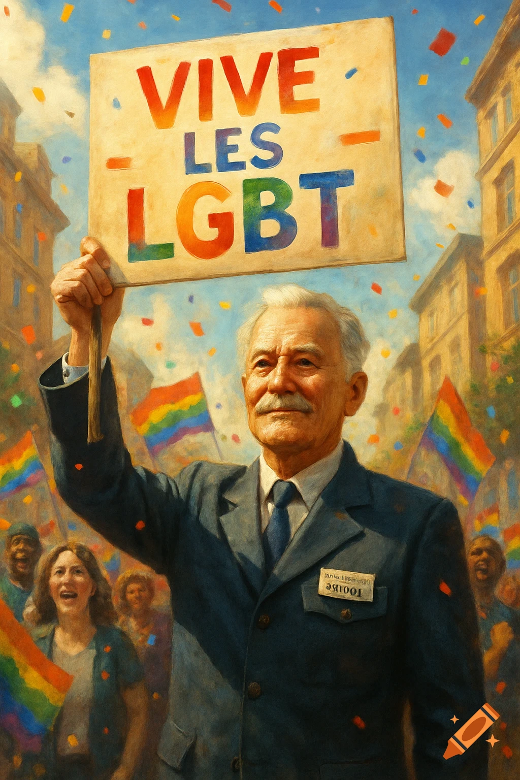 An older man holds a rainbow 'VIVE LES LGBT' sign at a celebratory parade with rainbow flags and confetti, painted in an artistic style.