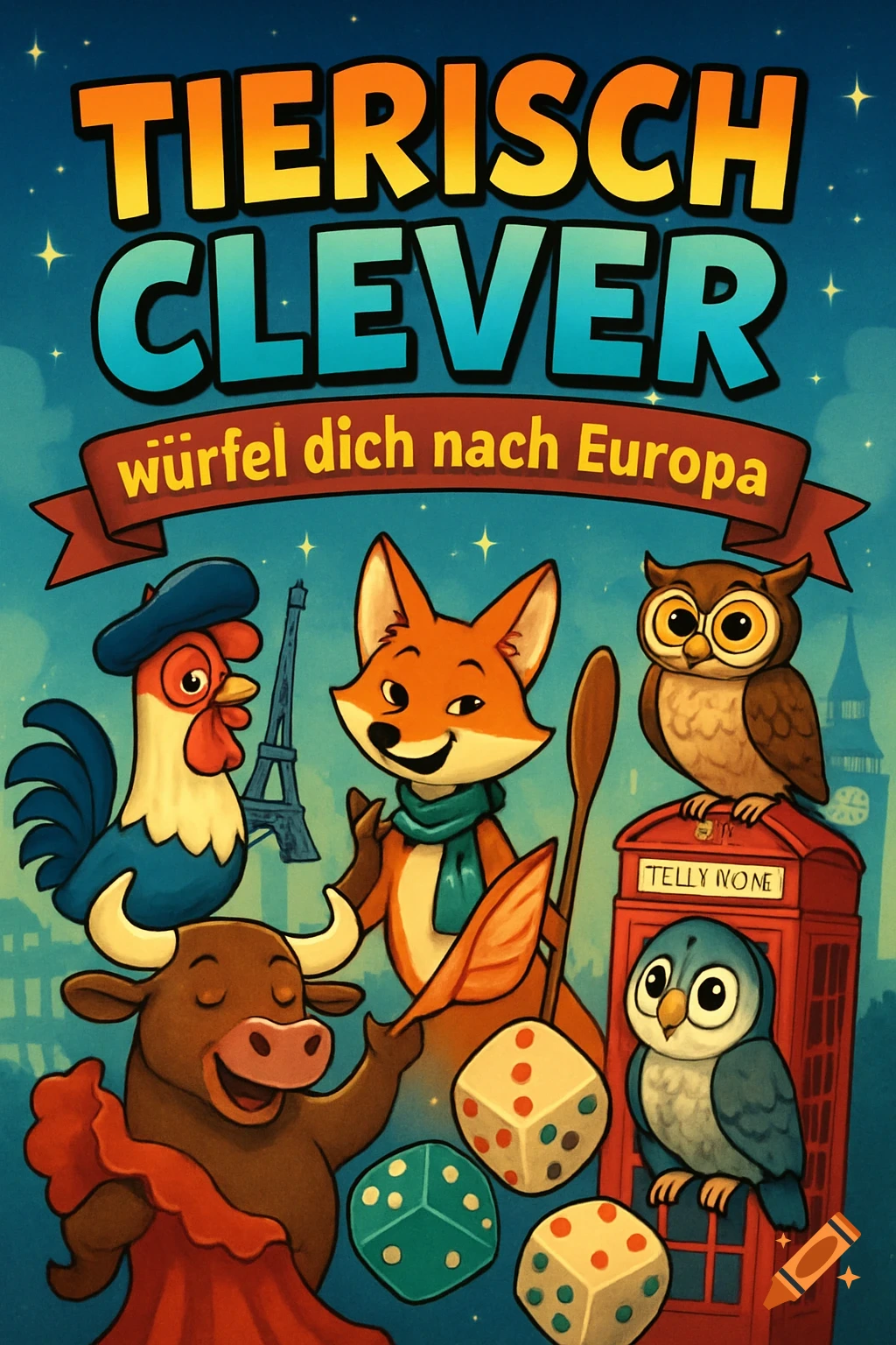 Cartoon game cover art with "TIERISCH CLEVER - würfel dich nach Europa" title. Features a rooster, fox, bull, and two owls with dice and European landmarks.