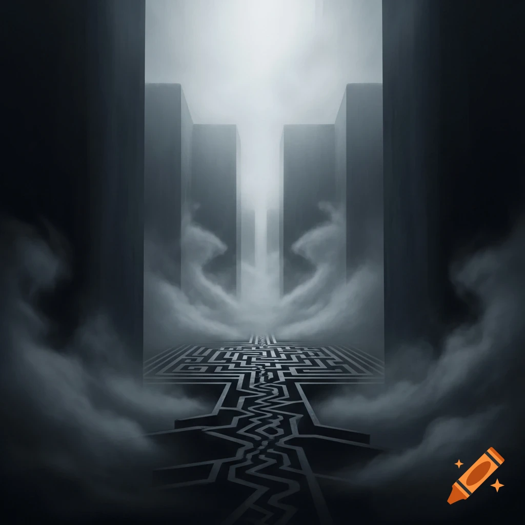 A dark, atmospheric maze path leading through dense mist between tall, dark structures towards a bright opening.