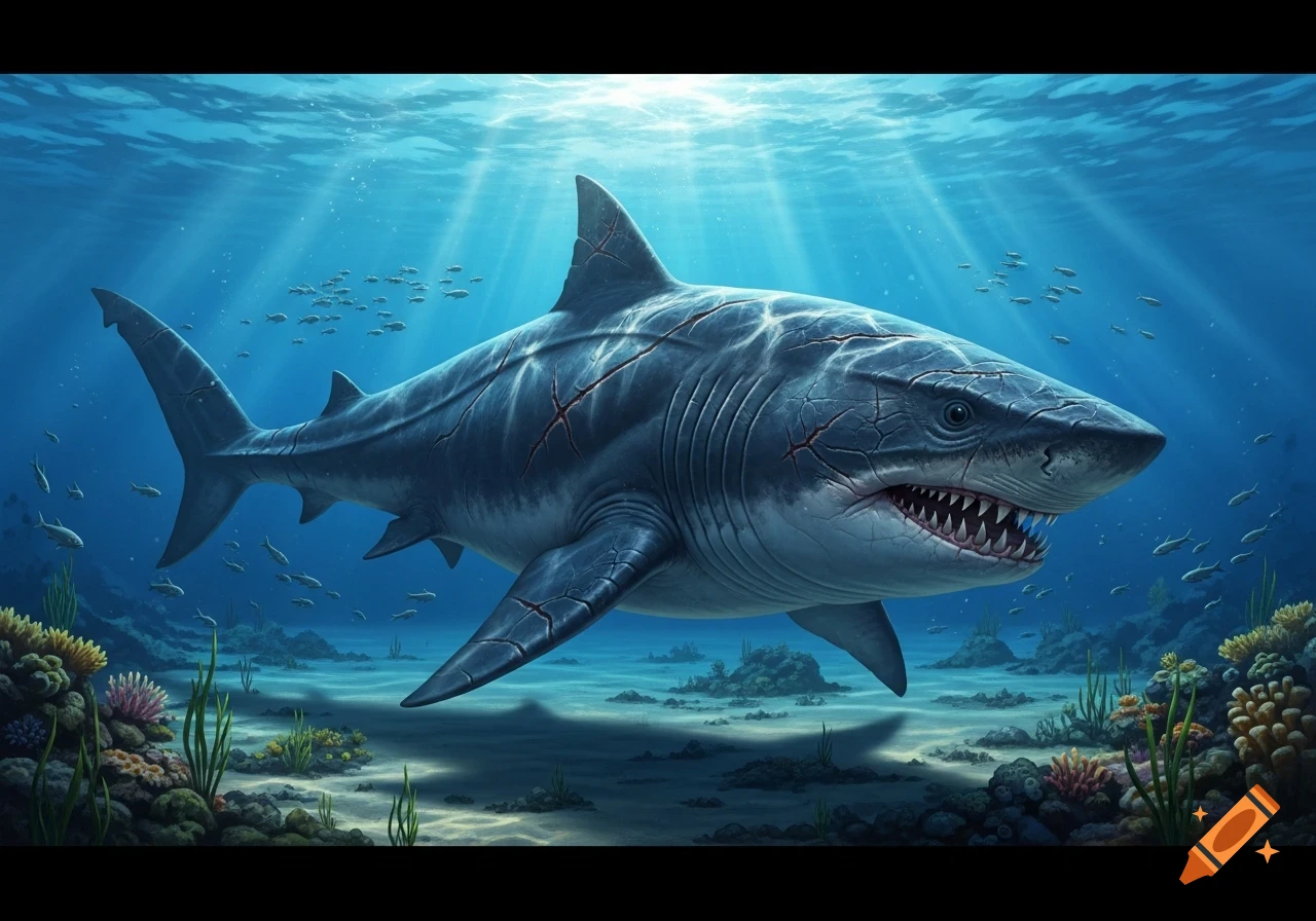A detailed illustration of a large, scarred shark swimming in clear blue ocean waters, surrounded by coral and small fish, with sun rays piercing the surface.