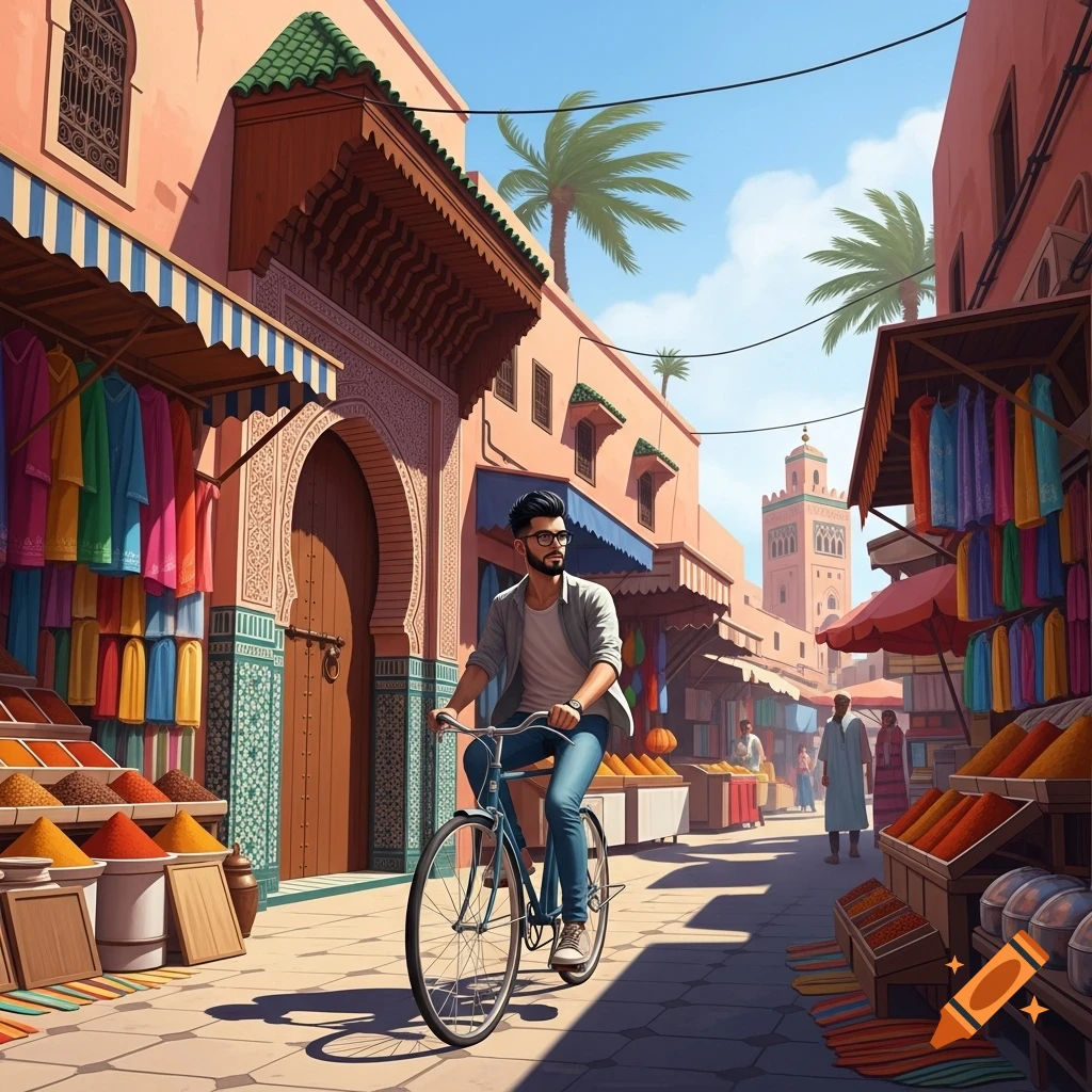 Illustrated scene of a man cycling through a vibrant Moroccan market street with spice stalls and traditional architecture.