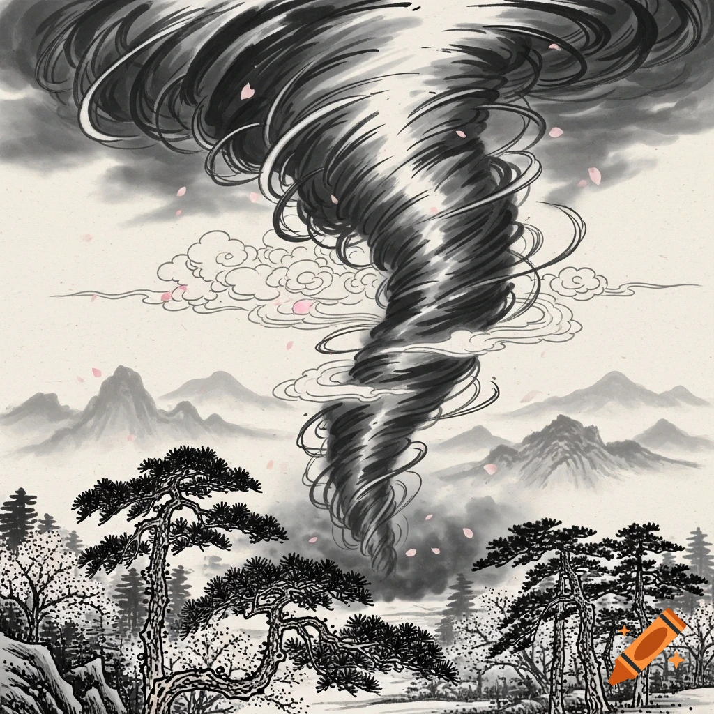 Ink wash painting of a powerful black tornado swirling above a misty landscape with mountains and pine trees, scattered with pink petals.