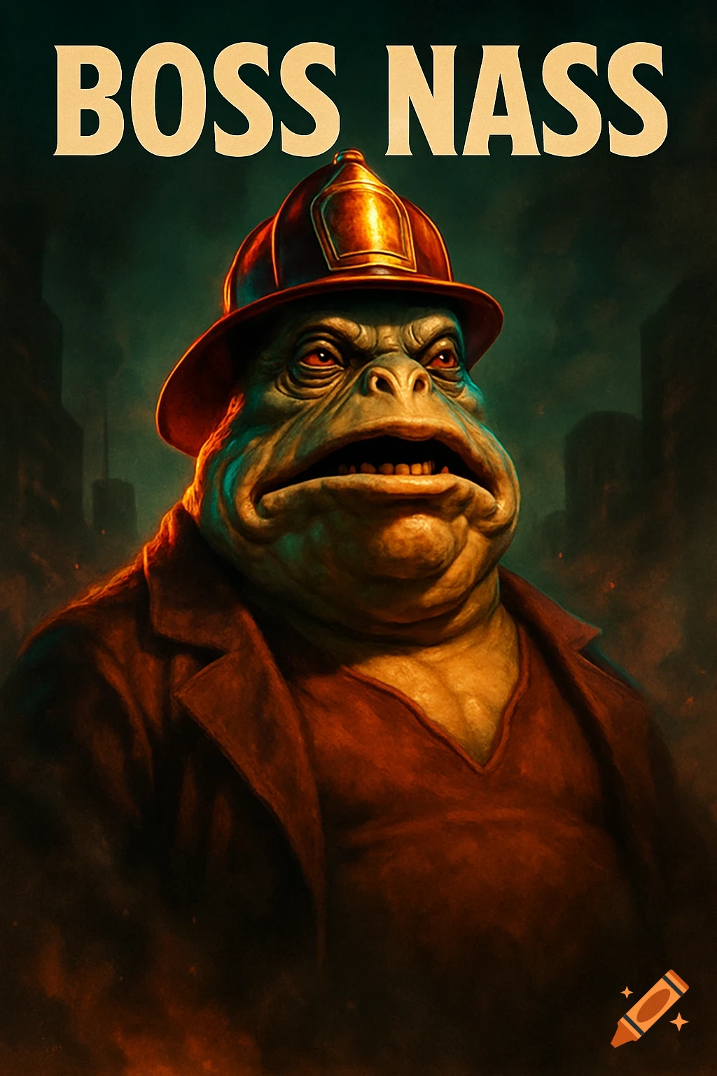 A stylized portrait of an overweight Boss Nass from Star Wars, wearing a firefighter helmet, with "BOSS NASS" text at the top.