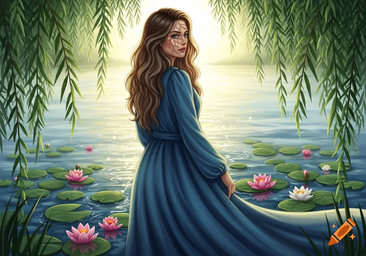 A woman in a blue dress stands by a serene pond with water lilies and ...