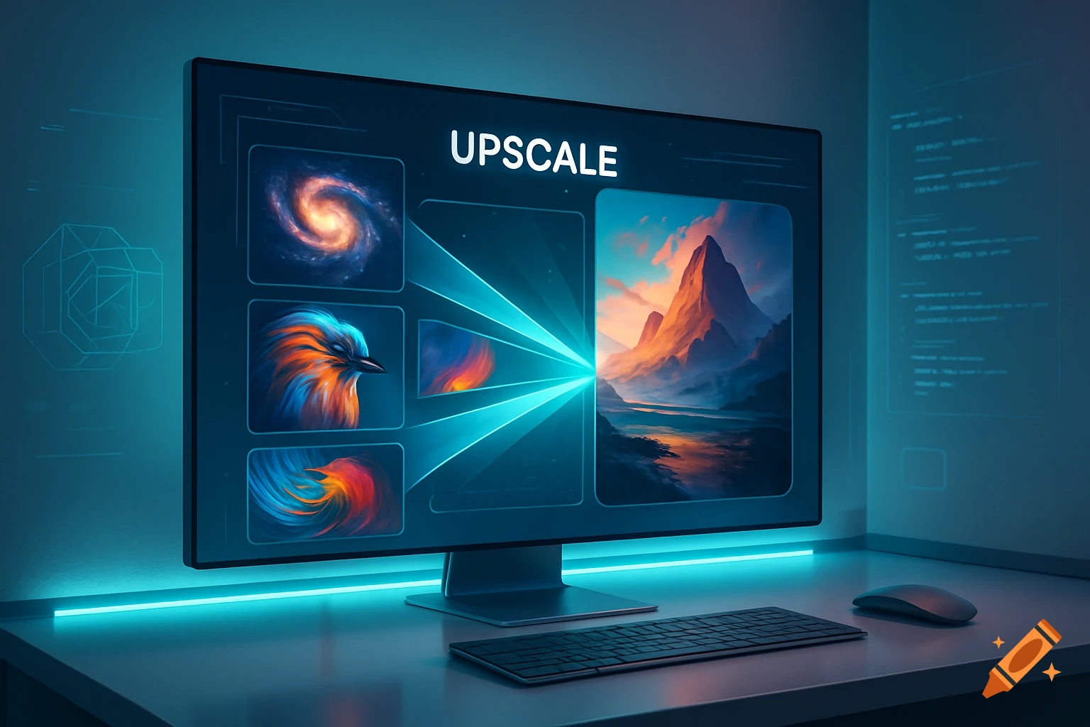 A computer monitor shows an image upscaling interface with galaxy, bird, and abstract patterns merging into a large mountain landscape, on a glowing desk.