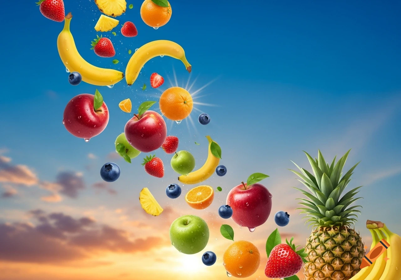 Colorful apples, bananas, oranges, strawberries, blueberries, and pineapple falling against a vibrant blue sky with a sunset glow.