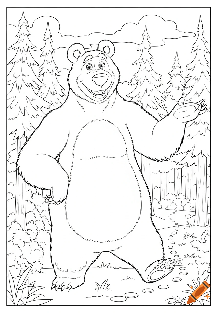 A smiling cartoon bear stands in a forest with trees and a path, presenting with its left paw, in a black and white coloring page style.
