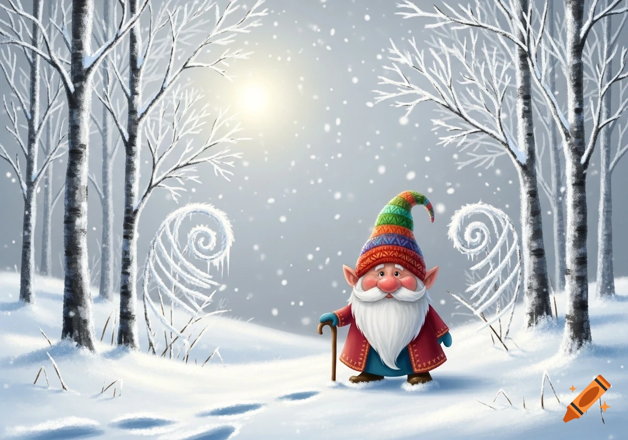 A cheerful gnome with a long white beard and a colorful striped hat walks through a snowy forest, holding a cane.