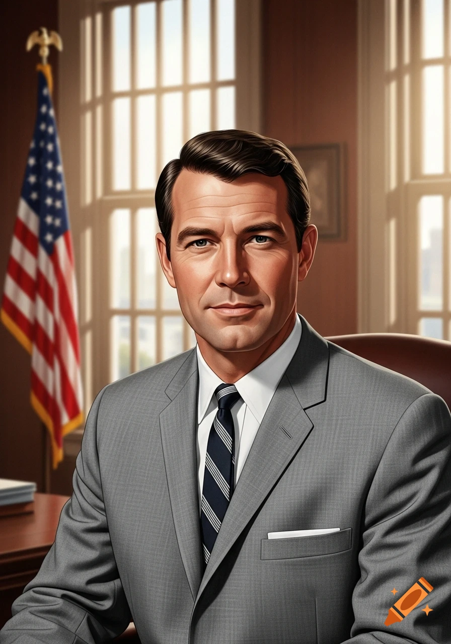 A photorealistic portrait of a serious-looking man in a gray suit and striped tie, with an American flag behind him.