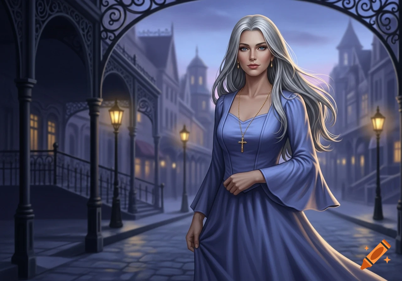 Silver-haired woman in a blue dress with a cross necklace on a gothic-style street at dusk, digital art.