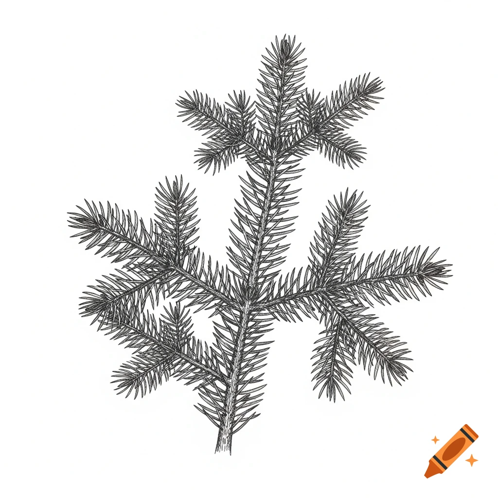 A detailed black and white line drawing of a spruce branch with needles on a white background.