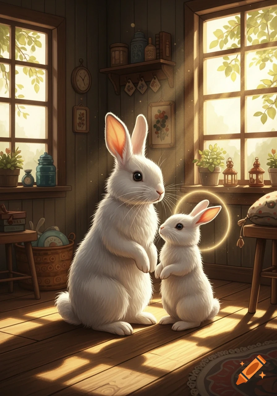 A larger white rabbit stands next to a smaller white rabbit in a sunlit, cozy wooden room with windows.
