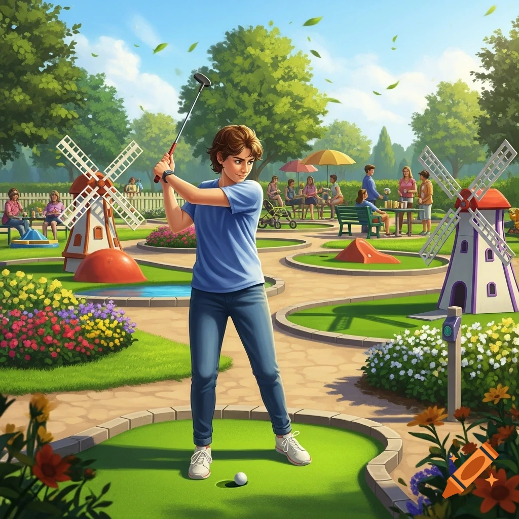 A young person in a blue shirt and jeans prepares to hit a golf ball on a miniature golf course. Windmills and other players are in the sunny park background.