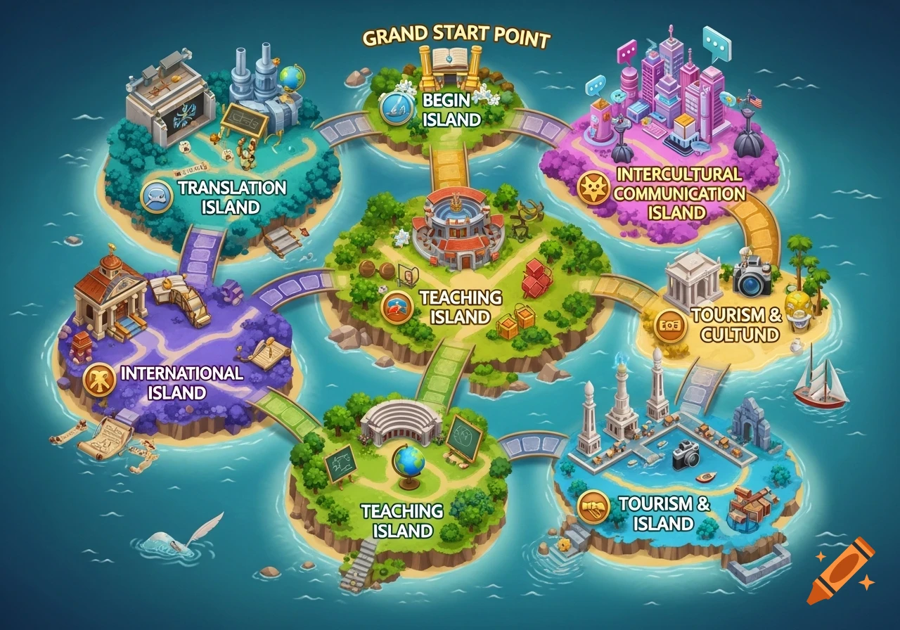 Colorful isometric fantasy board game map with islands themed for translation, teaching, international relations, tourism, and intercultural communication.