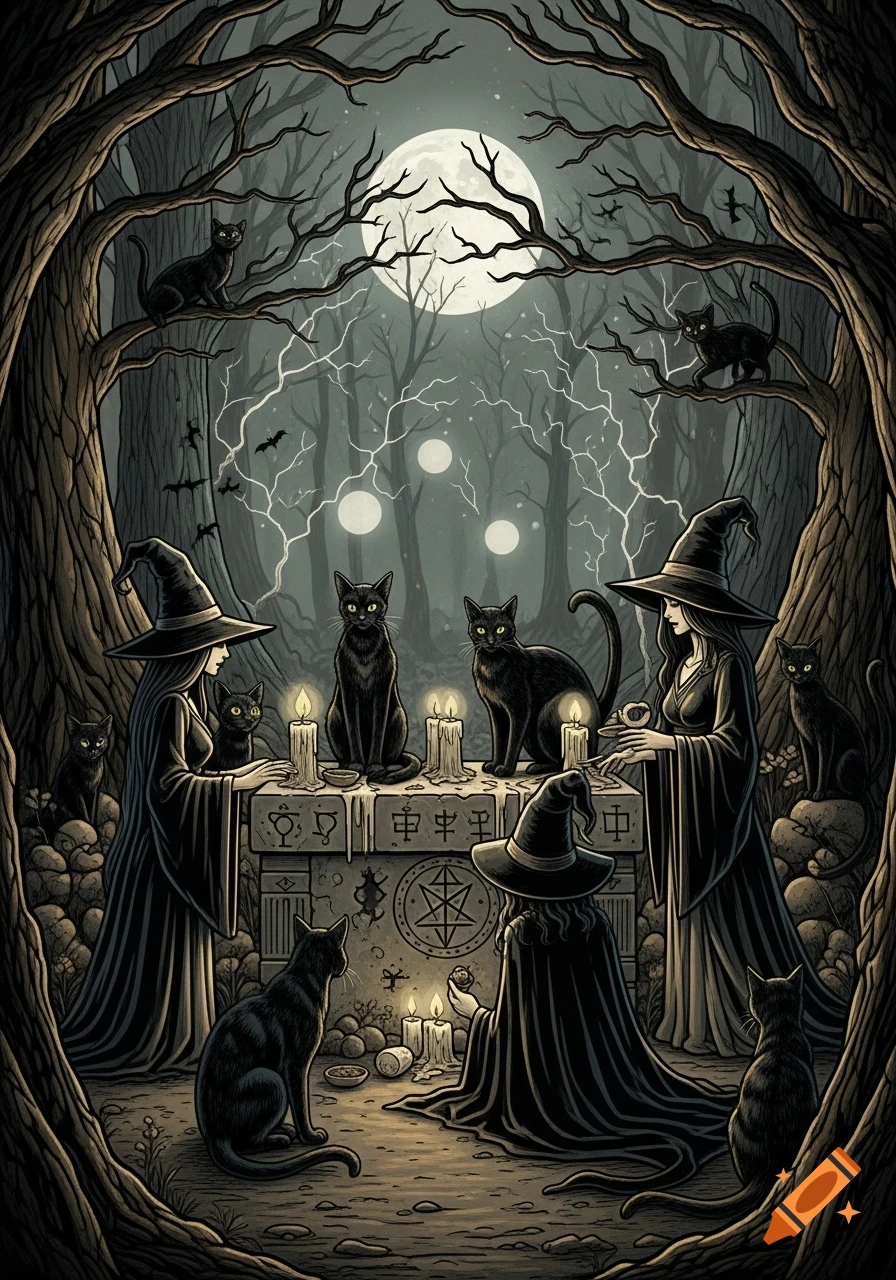 A vintage style illustration of three witches and many black cats performing a ritual in a spooky forest under a full moon, with glowing candles on a stone altar.