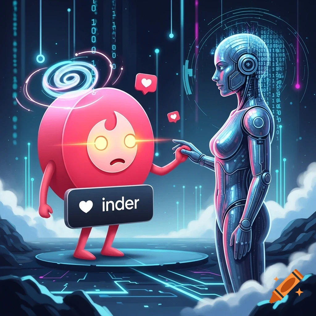 A red cartoon Tinder logo character with glowing eyes holding a '❤️ inder' sign holds hands with a sleek metallic female robot in a futuristic digital landscape.
