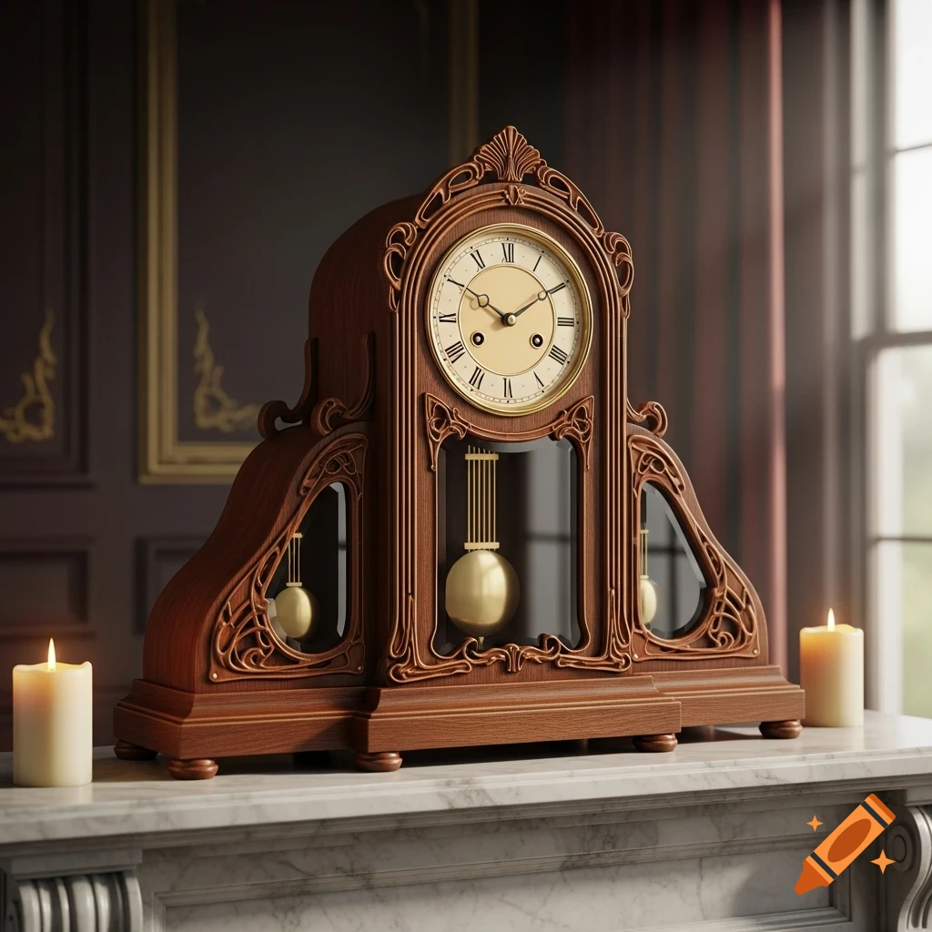 An ornate wooden antique mantle clock with a gold pendulum and Roman numeral face, flanked by two lit candles, on a marble mantelpiece.