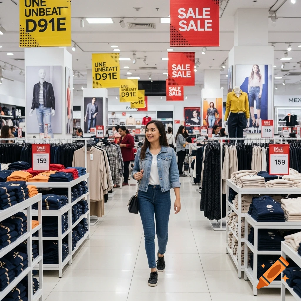 A smiling woman walks through a brightly lit clothing store, past racks of clothes and sale signs.
