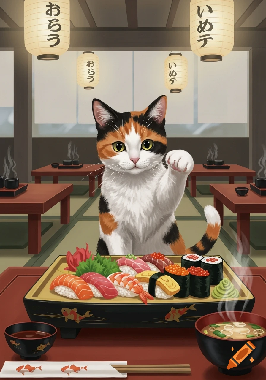 A calico cat reaches a paw over a tray of sushi and miso soup in a Japanese restaurant with lanterns.