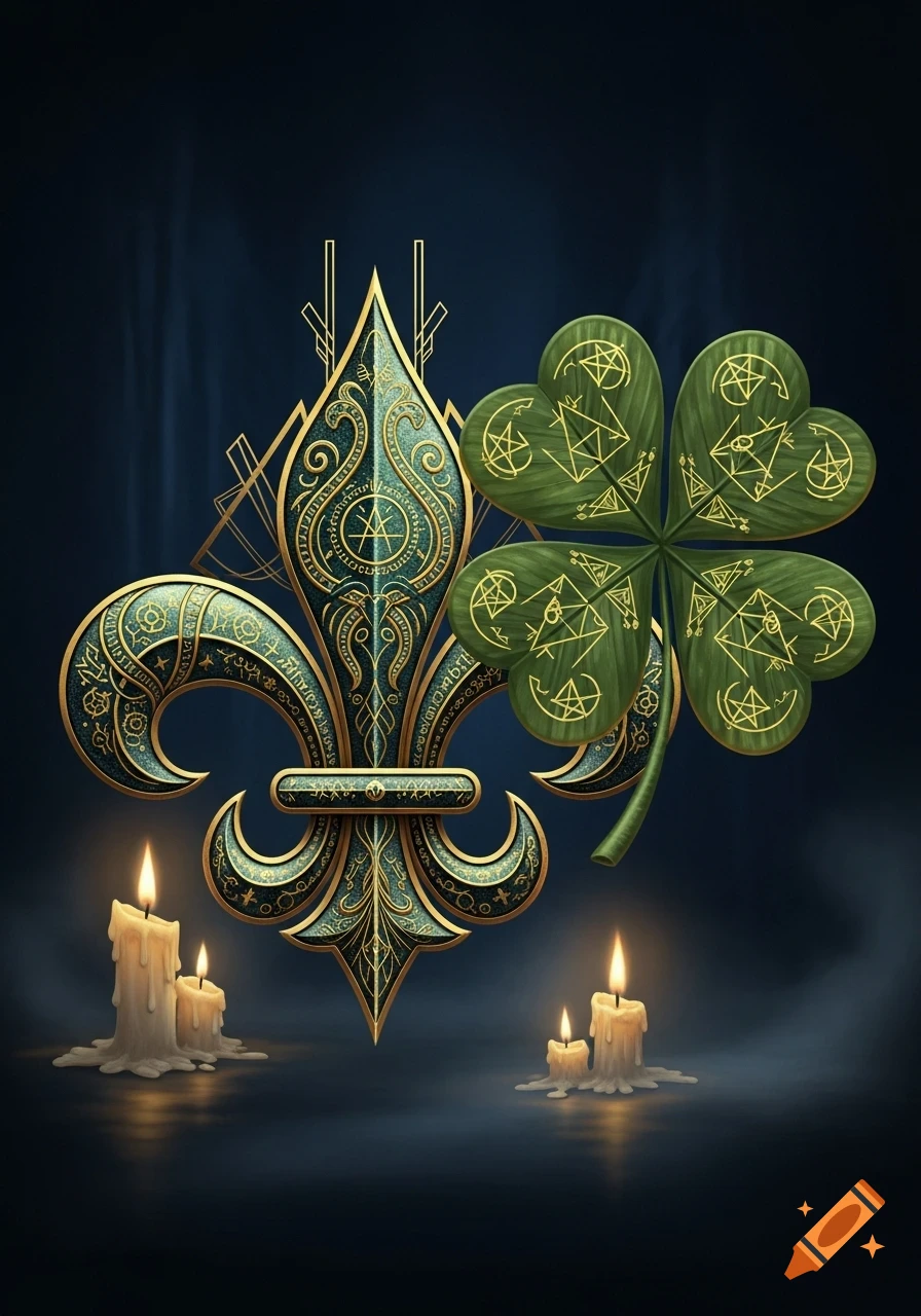 An ornate, dark teal and gold art deco fleur-de-lis stands next to a green four-leaf clover adorned with gold mystical symbols. Lit candles sit in the foreground against a dark background with subtle light rays.