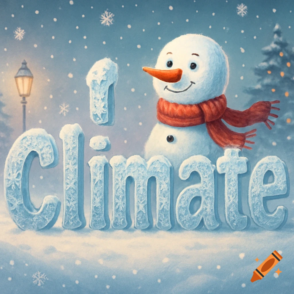 A smiling snowman with a red scarf forms the 'i' in 'Climate,' spelled out in snowy letters in a winter scene.