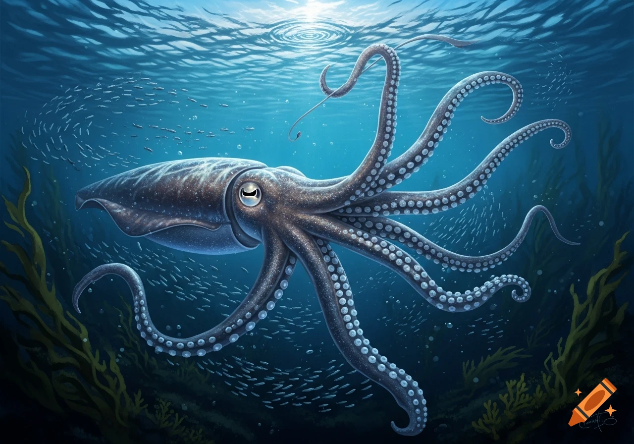 A large squid with long tentacles swims in a vibrant blue ocean, surrounded by a school of small fish and kelp, with sunlight filtering from above.