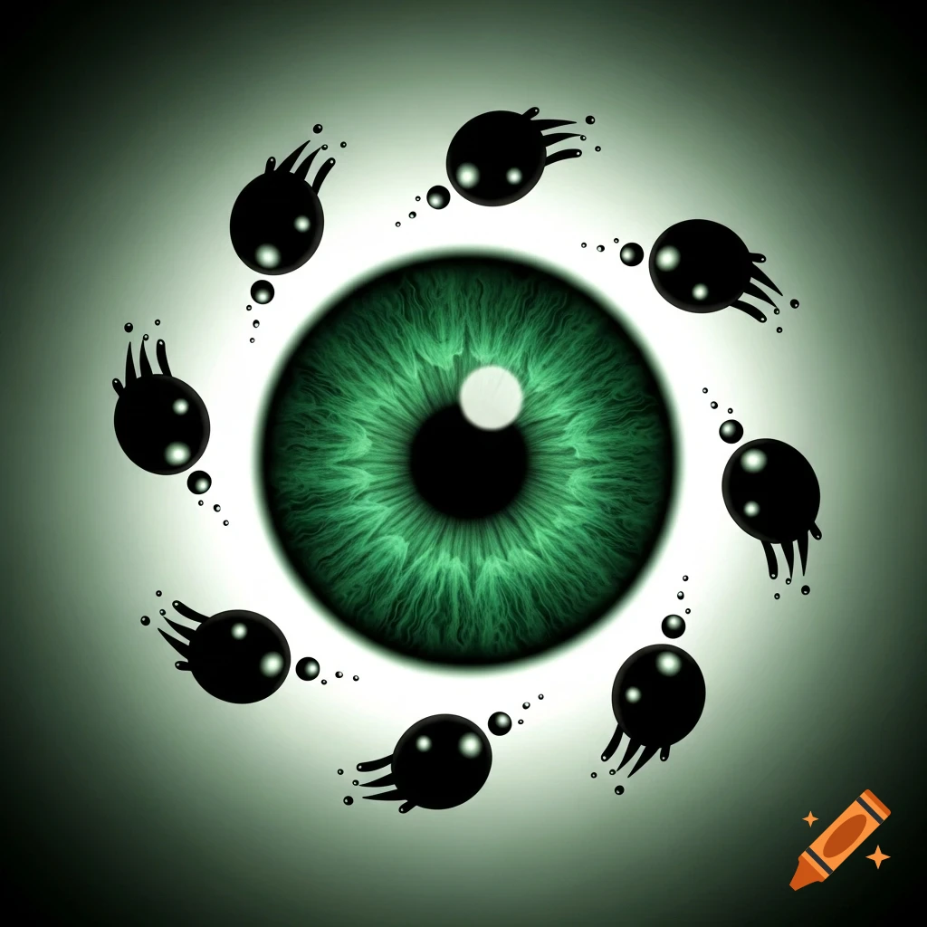 A detailed emerald green eye with a black pupil and a white highlight. Six black, comet-like shapes with spiky tails and small droplets encircle the eye on a light green background.