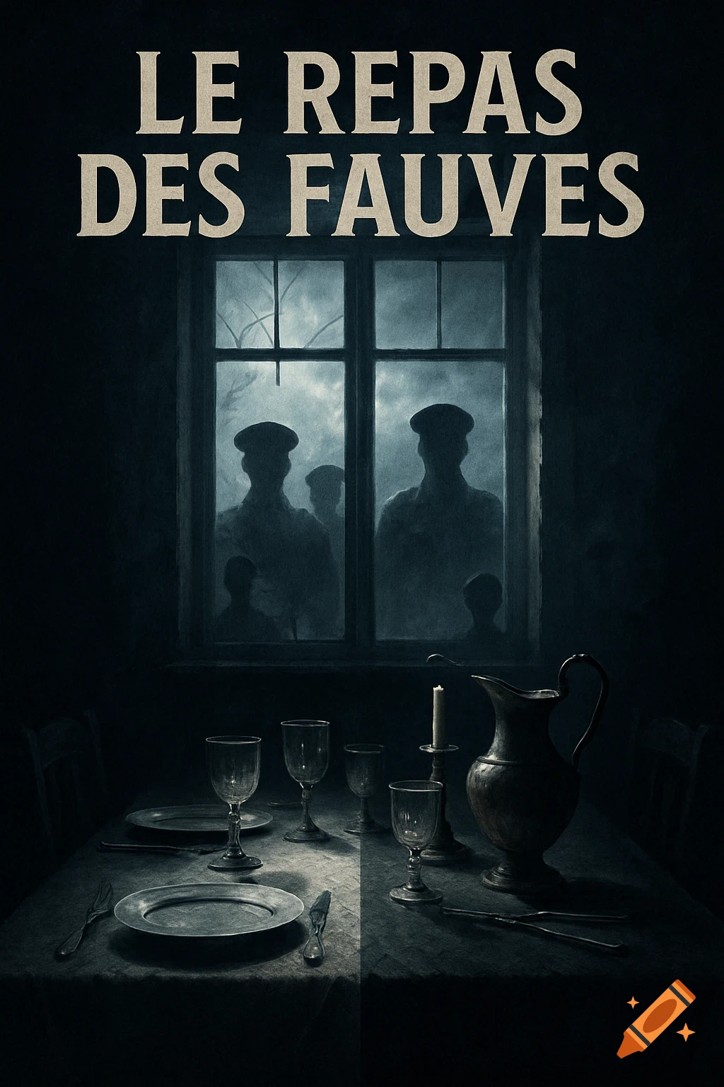 A dark, eerie poster for 'LE REPAS DES FAUVES' showing shadowy figures watching a set dinner table through a window.