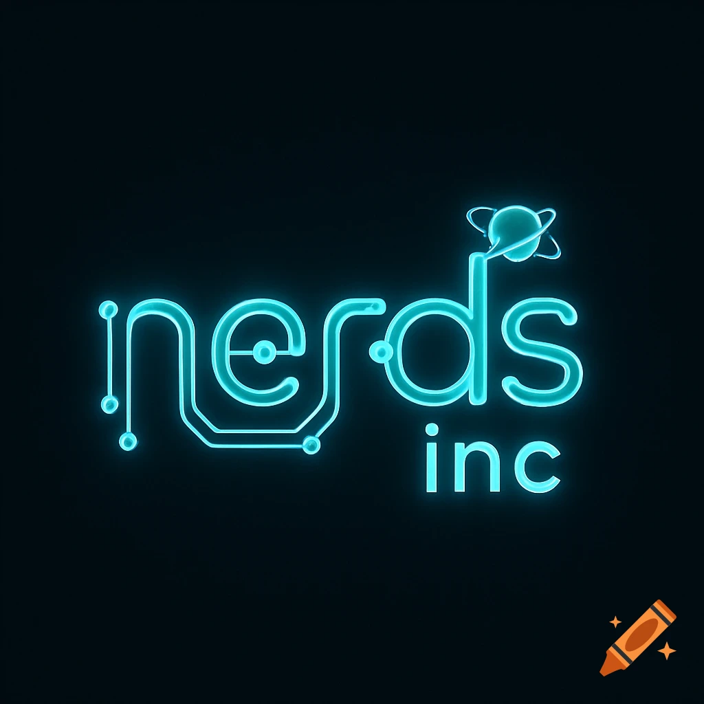 A neon blue glowing logo for 'nerds inc' with a stylized planet symbol over the 'i', against a dark background.