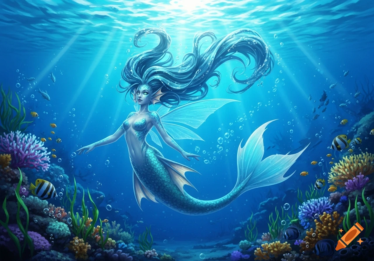 A vibrant illustration of a mermaid with flowing blue hair swimming gracefully in a brightly lit underwater coral reef with various fish.