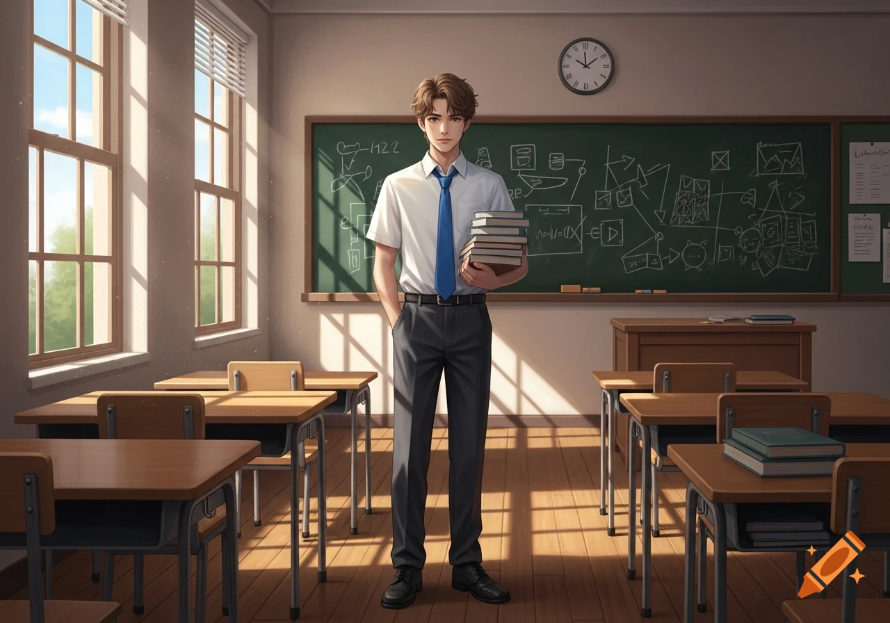 A handsome anime schoolboy stands in a sunny classroom, holding a stack of books, with a blackboard behind him.