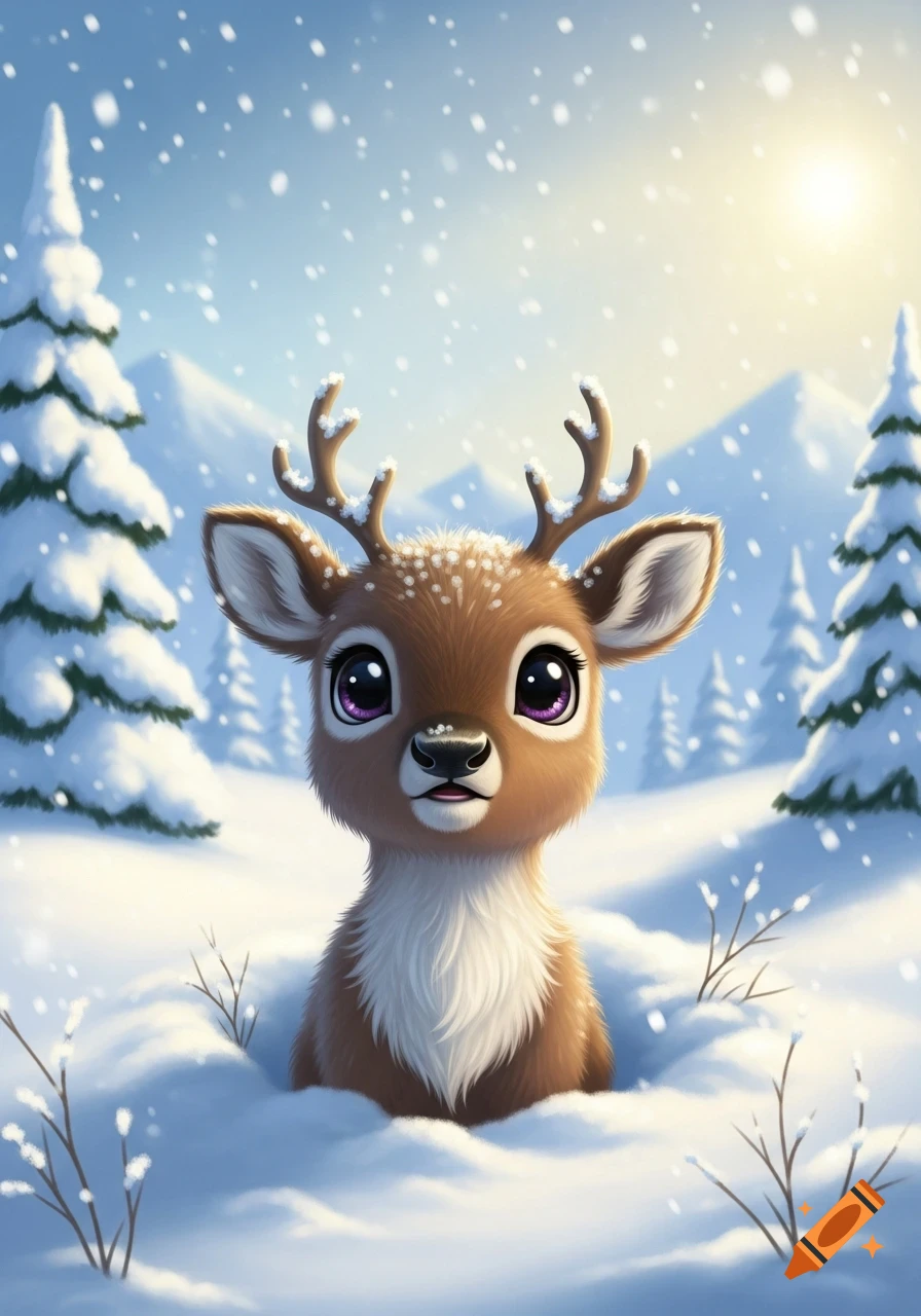 A cute cartoon baby deer with large purple eyes peeks out of deep snow in a snowy mountain landscape, with snow-covered pine trees and falling snowflakes under a bright sky.