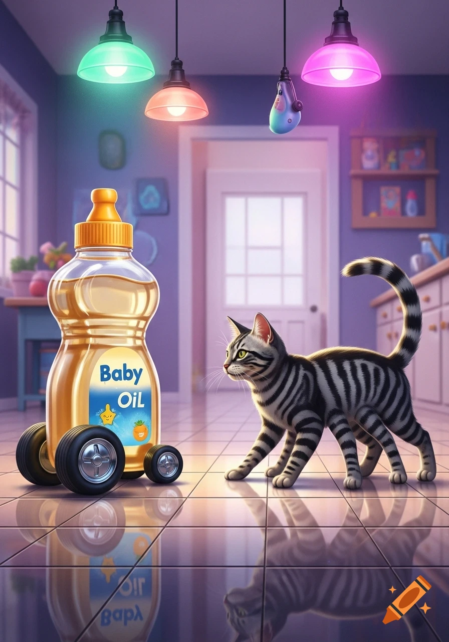 A striped cat with six legs faces a baby oil bottle on wheels in a stylized kitchen with colorful pendant lights.